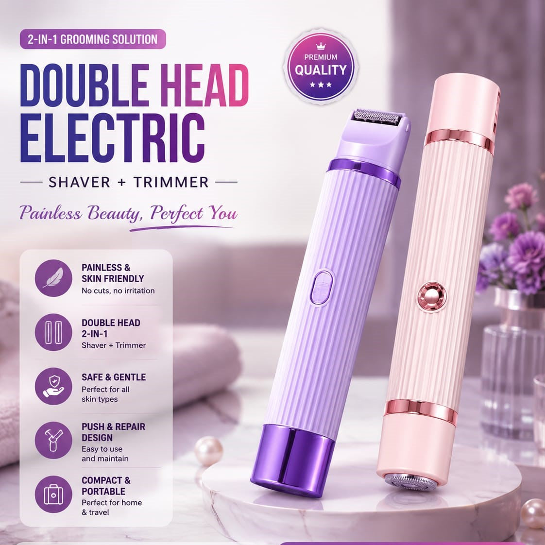 2 in 1 Women Electric Shaver Dual Head Bikini Trimmer for Women IPX7 Waterproof Wet & Dry Use Body Hair Trimmer and Facial Hair Remover for Bikini Under Arm Leg Arm Body Face (Random Color)