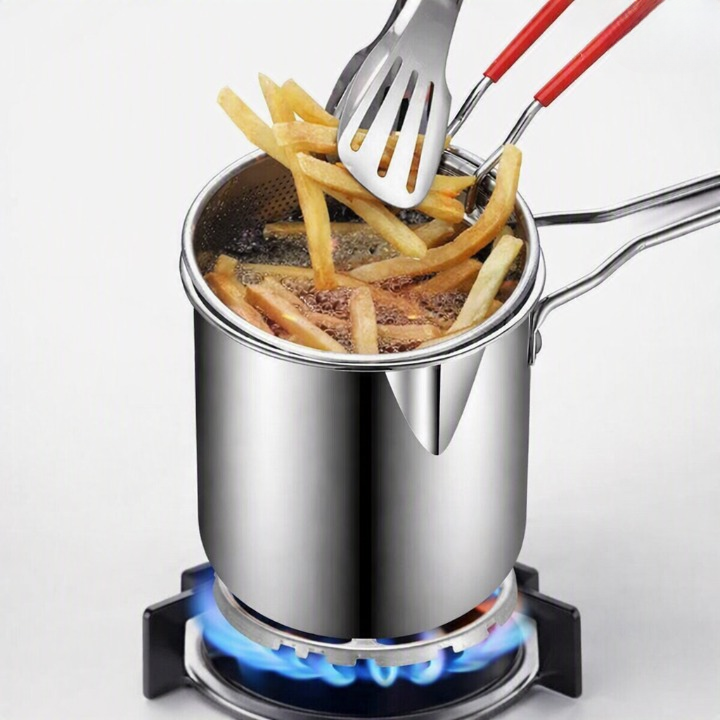 Deep Frying Pot with Strainer Basket – 1200ml Stainless Steel Oil Fryer Pot with Box Packing