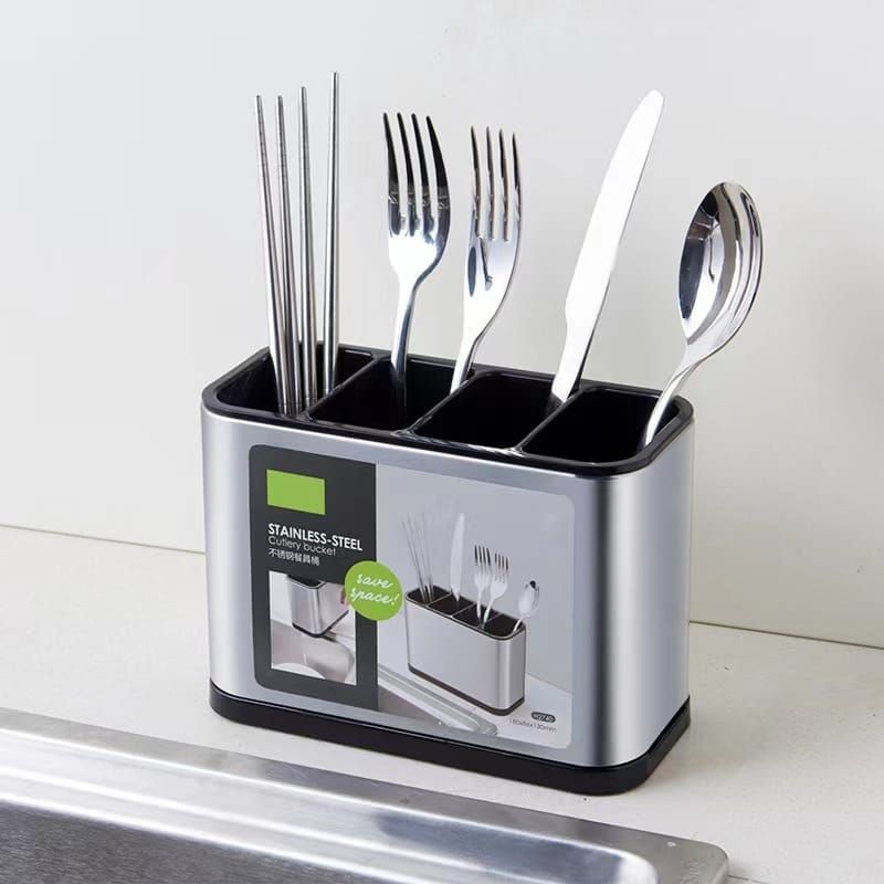 Stainless Steel Cutlery Bucket Durable Easy to Clean Organizer for Spoons Forks Knives Space Saving Kitchen Counter Storage
