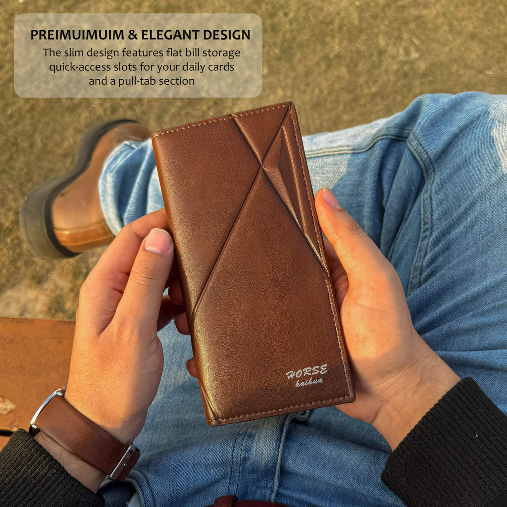 New Imported Long Leather Trifold Wallet For Cash & Cards | Black-Brown