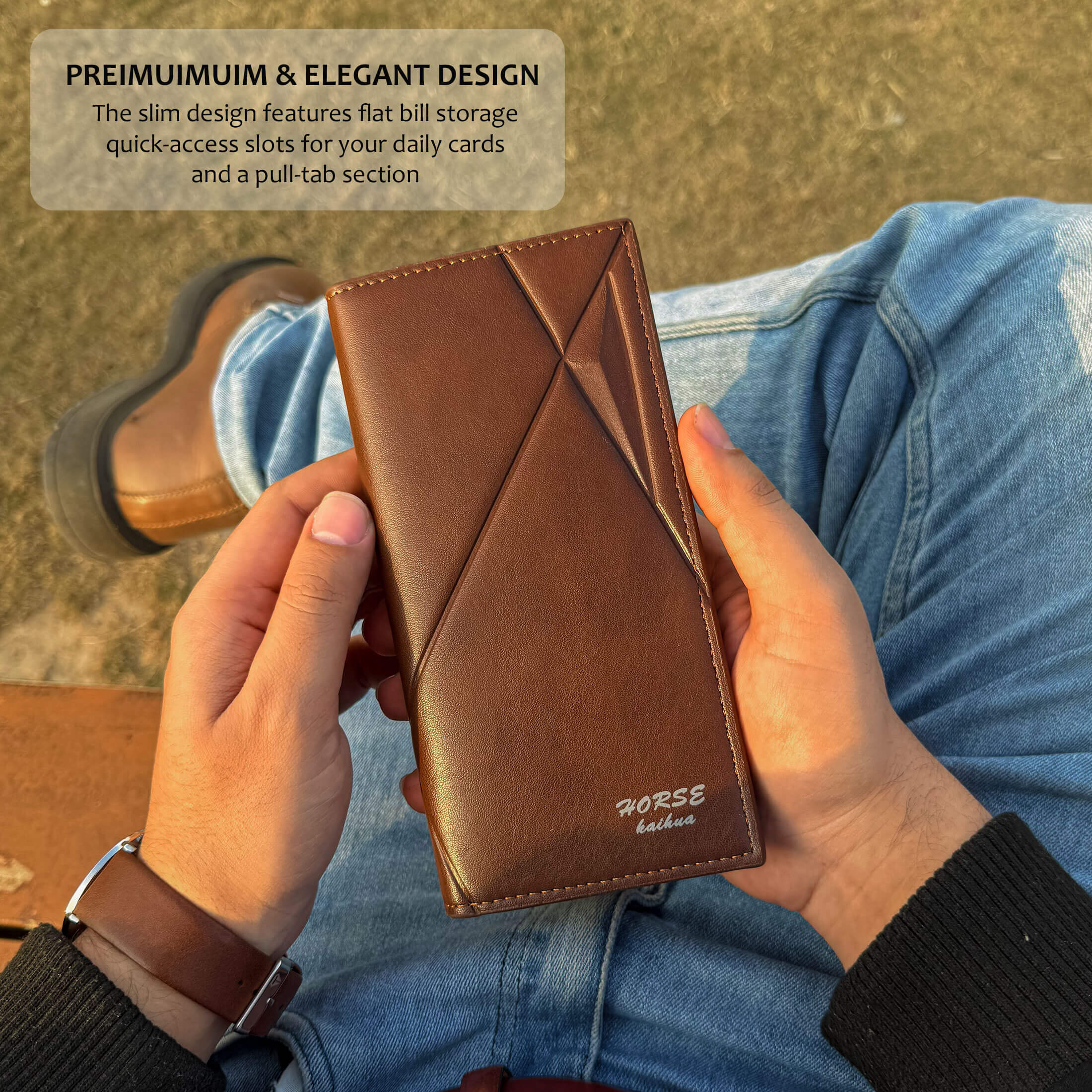 New Imported Long Leather Trifold Wallet For Cash & Cards | Black-Brown