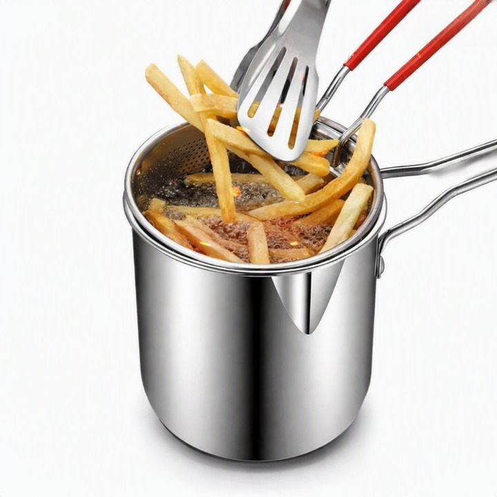 Deep Frying Pot with Strainer Basket – 1200ml Stainless Steel Oil Fryer Pot with Box Packing