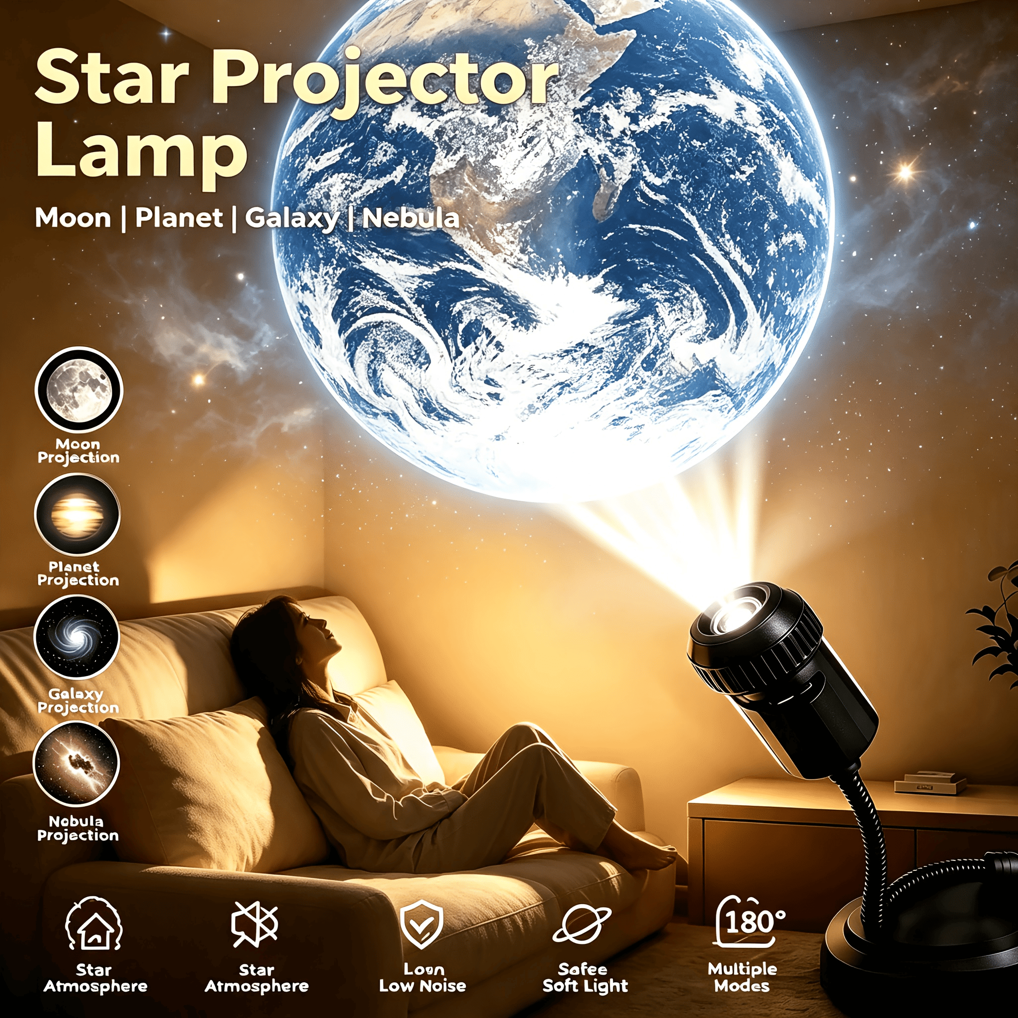 USB Ceiling Moon Earth Projection Atmosphere Light - 3 Interchangeable Lenses
