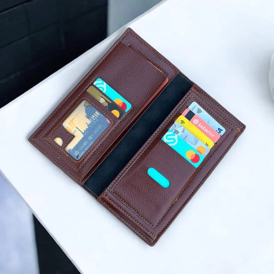 Men's Imported Long Leather Wallet Clutch with Metal Corner Accent