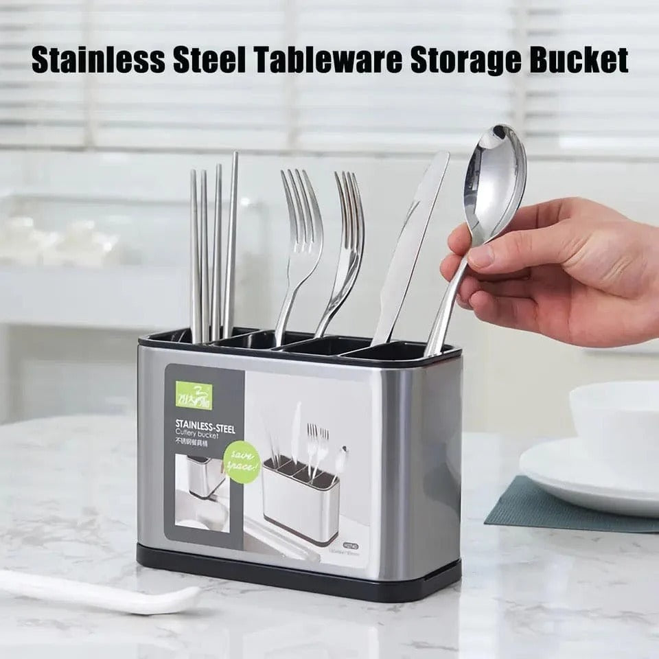 Stainless Steel Cutlery Bucket Durable Easy to Clean Organizer for Spoons Forks Knives Space Saving Kitchen Counter Storage
