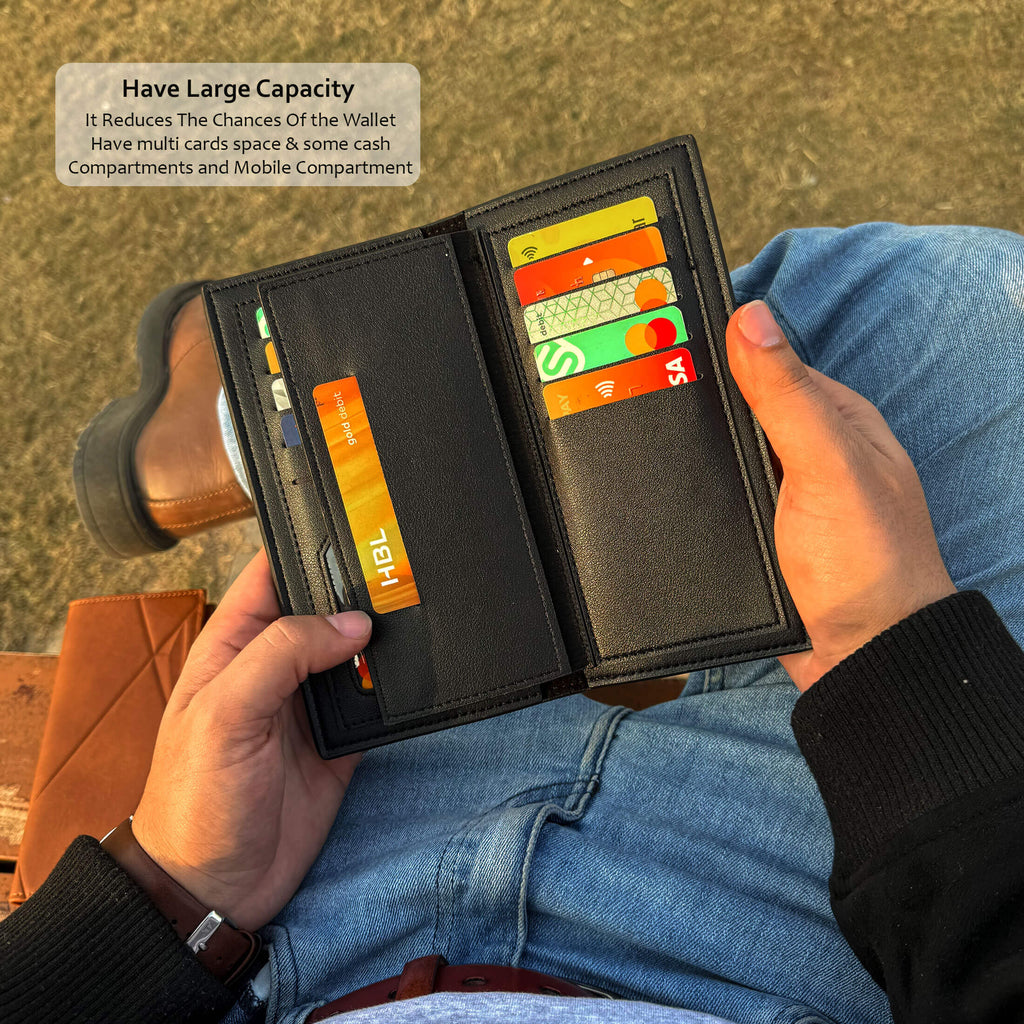 New Imported Long Leather Trifold Wallet For Cash & Cards | Black-Brown